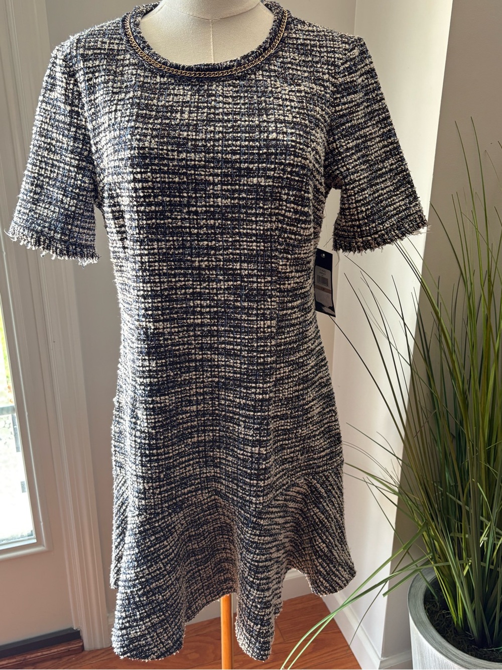 NWT Jessica Howard Black and White Tweed  Cocktail Dress with Chain Trim